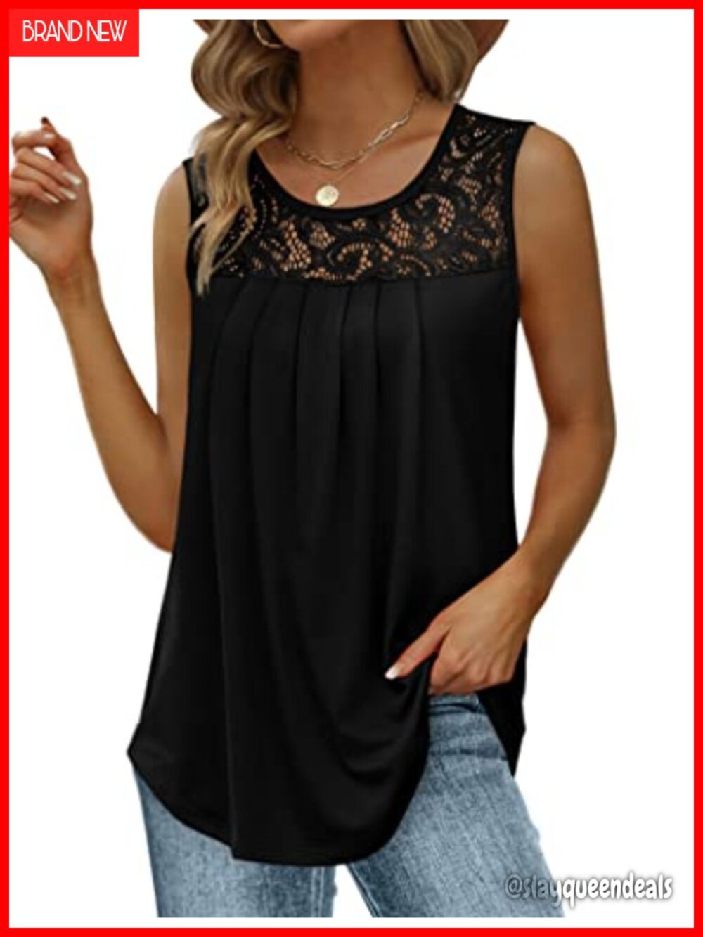 Women's Loose Fit Pleated Tank Top Sleeveless Lace Scoop Neck Curved Hem Flowy